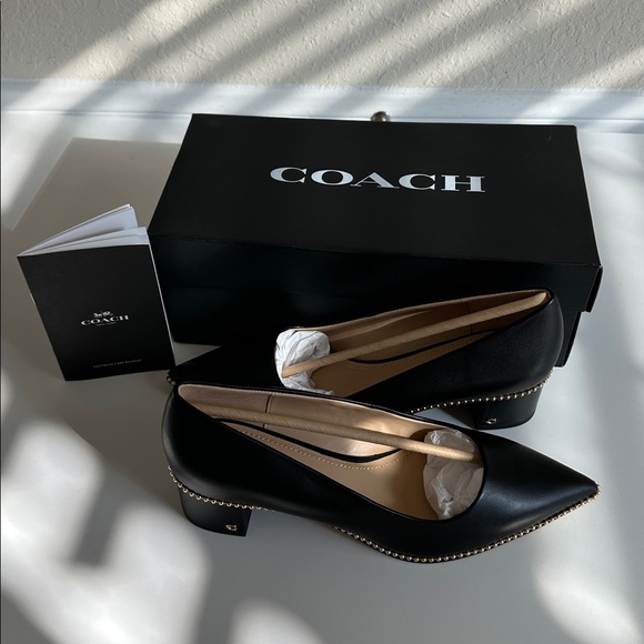 Coach Black Leather Pointed Low Heel Pump with Gold Bead Trim US Size 8B - Picture 3 of 16